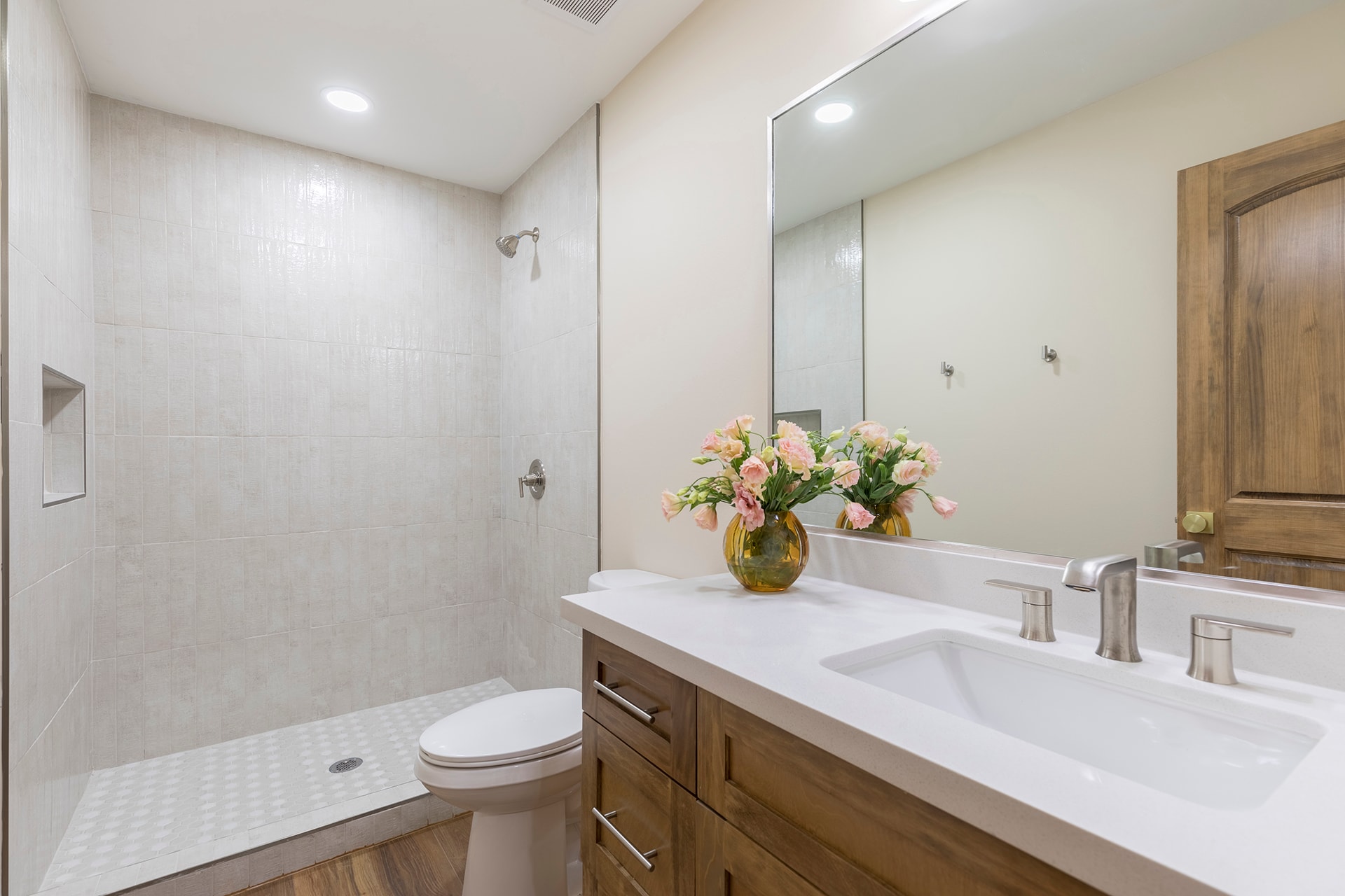 Modern bathroom with pink flowers vanity