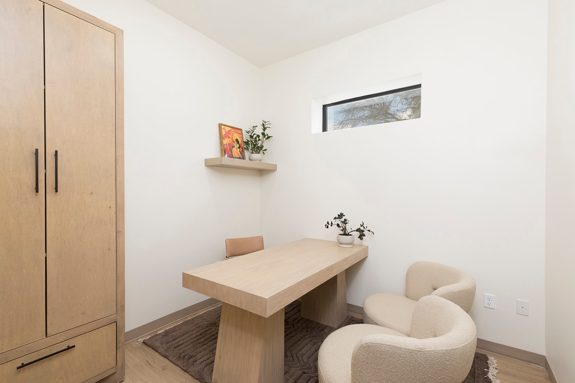Minimalist home office with wooden furniture