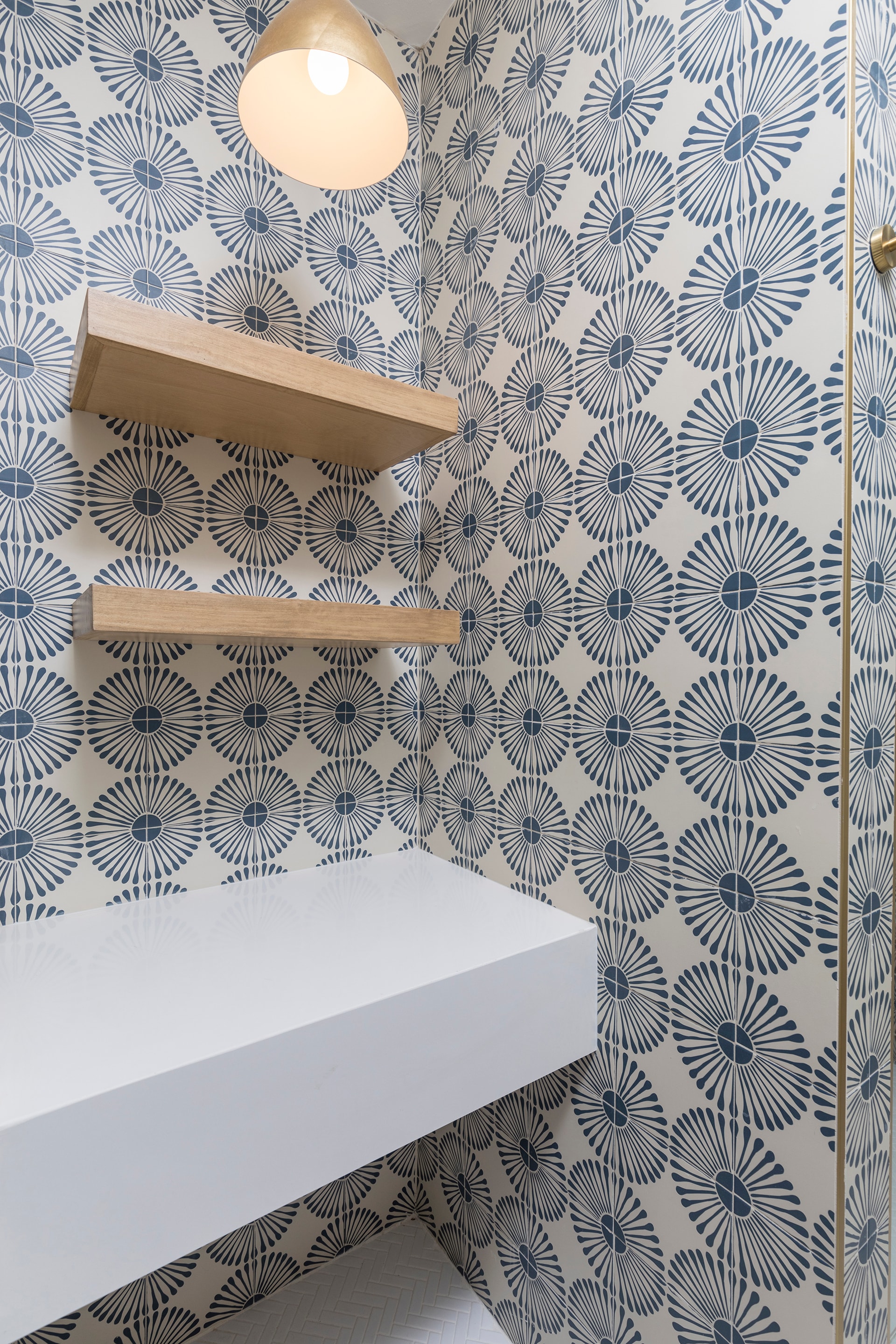 Modern bedroom with floral wallpaper shelving