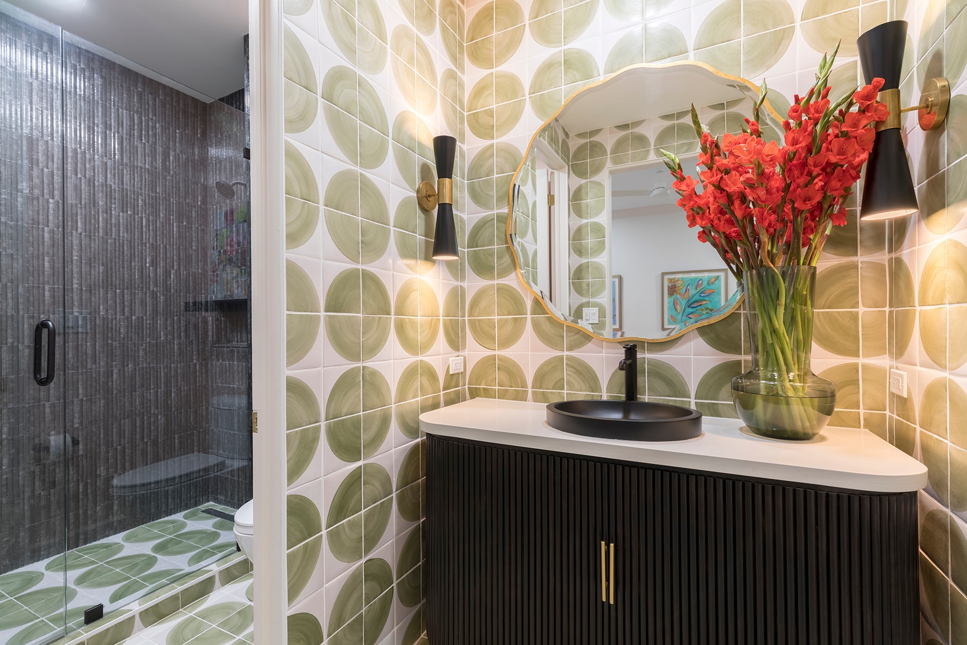 Modern bathroom with red flowers vanity