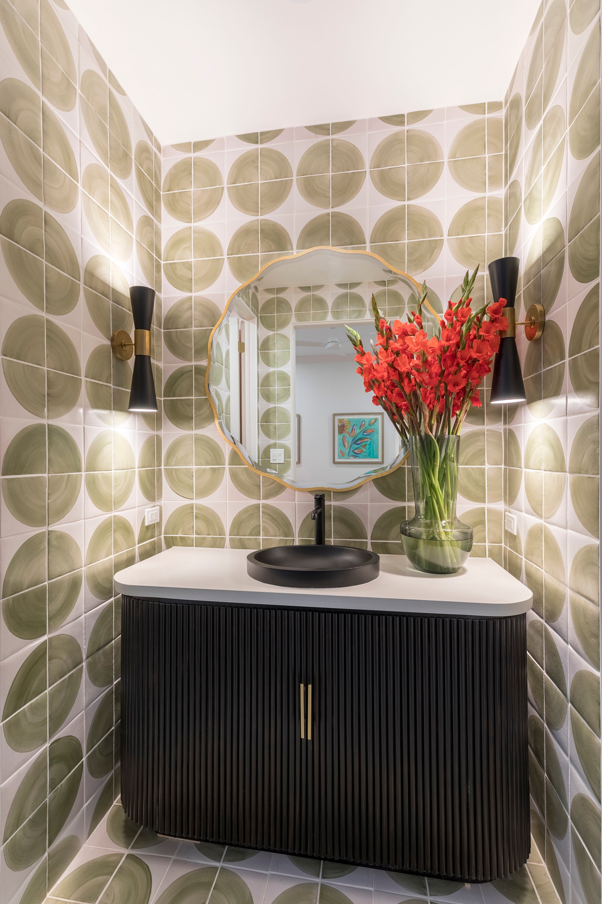 Modern bathroom vanity with red flowers